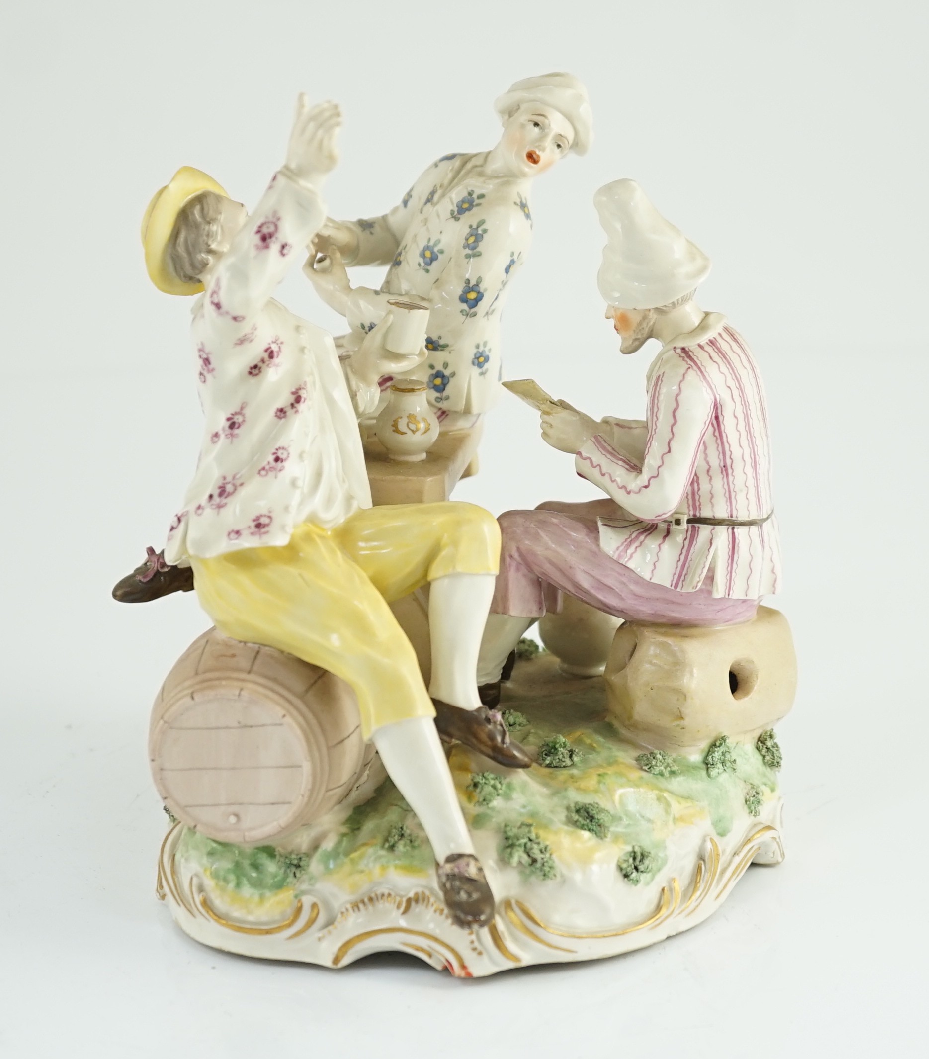 A Frankenthal porcelain group of three carousing men, c.1770-75, modelled by Karl Gottlieb Lück, 20cm high, 19cm wide, restored letter, Provenance - purchased from Winifred Williams, Eastbourne/London before 1970.